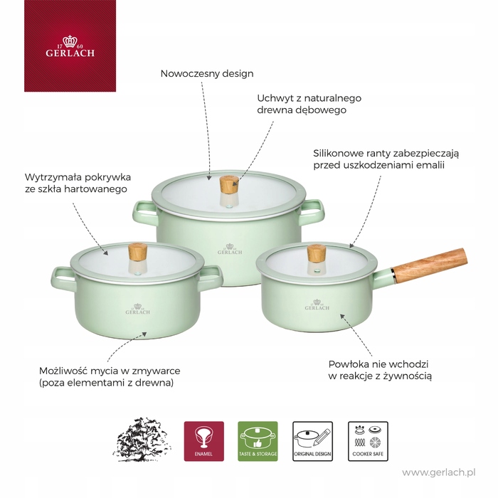 Набір емальованого посуду Gerlach Natur Enamel, пастельно-зелений, 6 предметів
