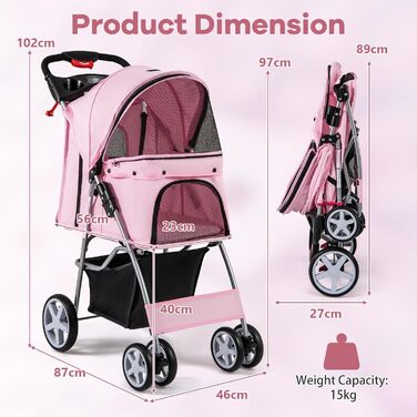 Собачий візок SOARS для тварин до 15 кг, розкладний, з сітковими віконцями, тримачем для напоїв та кошиком для зберігання, для маленьких тварин (Рожевий)