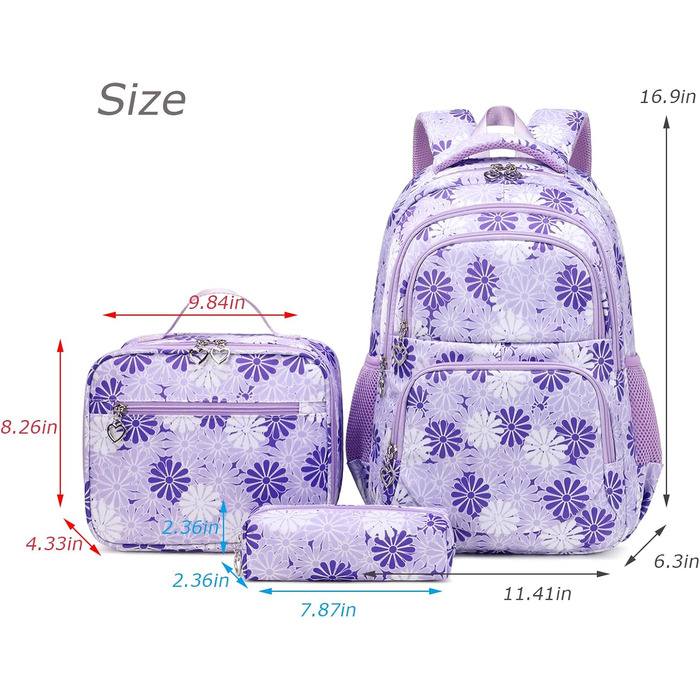 Шкільний рюкзак ZHIERNA для дівчаток-підлітків: комплект з пеналом та ланч-боксом (фіолетовий)