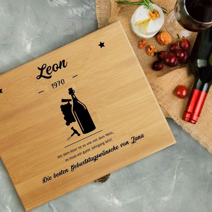Maverton Personalized Wine Opener Set - Sommelier Set Gift Box - Wooden Box + 6-Piece Wine Accessory Set - Made of Bamboo - Brown - Birthday Gift for Men - (Birthday Wishes)