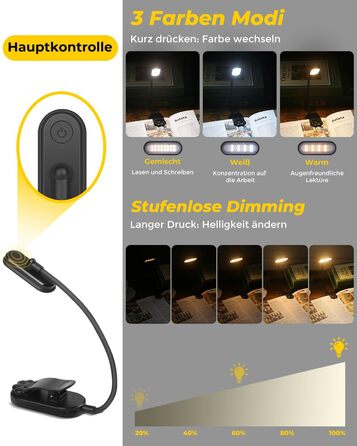 Світлодіодна лампа для читання Bonsery з USB-зарядкою, 16 LED, 3 режими температури кольору та регульована яскравість, гнучка настільна лампа для читання в ліжку, чорна