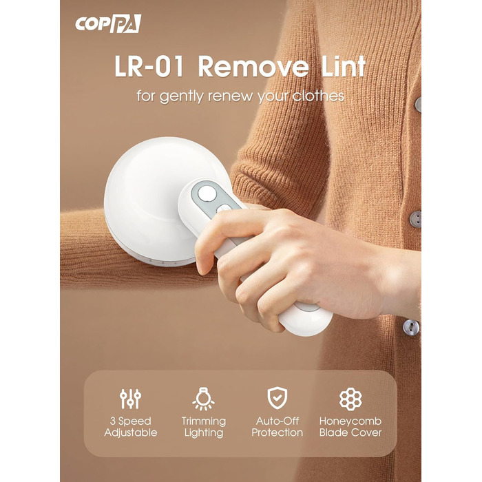 Електричний видальник ворсу COPPA з 6 лезами, 3 швидкості, перезаряджається, для одягу, з індикатором заряду