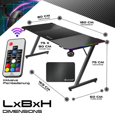 Ігровий стіл KESSER Gaming 180x80 см, Z-подібний ергономічний комп'ютерний стіл з карбоновим покриттям, підсвіткою LED, підставкою для напоїв та гачком для навушників, чорний