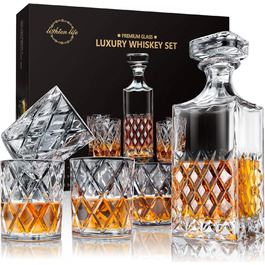 LIGHTEN LIFE Whisky Decanter and Glasses Set, Whiskey Decanter Set, Whiskey Gift Set, 849 ml Crystal Whisky Decanter with 4 Glasses 280 ml in Gift Box (5 Pieces)