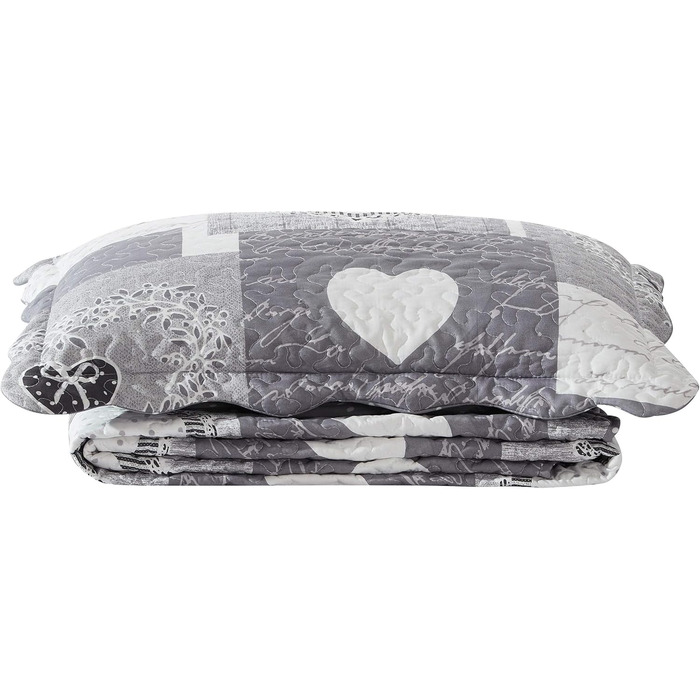 Комплект стеганих ковдр Brilliant Sunshine Grey Heart Love Patchwork (2 шт.) з наволочкою, двостороння покривало, м'яка легка ковдра, універсальна ковдра для двоспального ліжка, сірий колір
