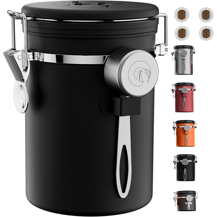 Coffee Gator Контейнер для кави з нержавіючої сталі, герметичний, з датчиком свіжості, клапаном CO2, ложкою, для кавових зерен, меленої кави, горіхів, чаю, цукру (Чорний, L)