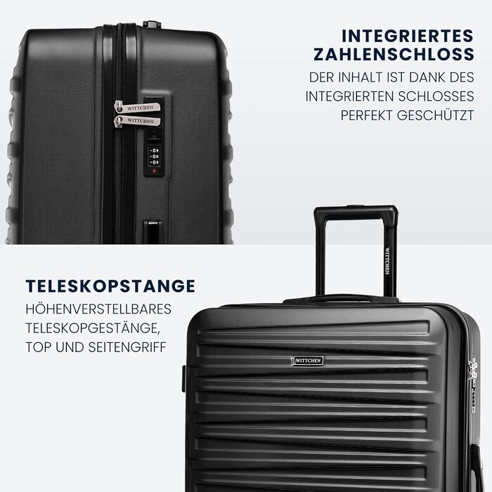 WITTCHEN Skyspeed Line - великий валіза з жорстким корпусом ABS, 4 колеса, телескопічна ручка, комбінаційний замок, чорний. Підходить для авіакомпаній Lufthansa, Eurowings, Ryanair, Condor