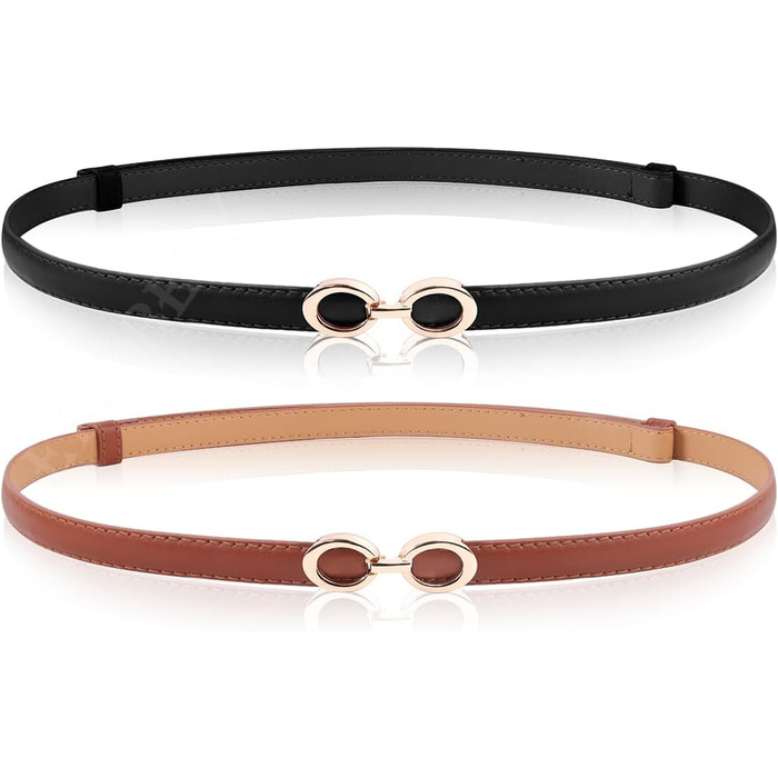 2 жіночі шкіряні ремені Skinny: чорний+білий та чорний+коричневий. Вузький тасьовий ремінь з металевою блискавкою для суконь та пальто