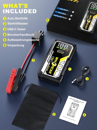Powerbank для автомобіля 8000A 12V – Пусковий пристрій, бустер для акумулятора, зарядний пристрій для бензинових та дизельних авто (до 10л) з LCD дисплеєм, LED ліхтарем та кабелями для підключення (чорний)