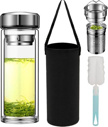 Double-walled glass tea bottle 1 liter with 2-in-1 stainless steel strainer to go, 1000ml large volume, tea bottle 100% leak-proof 1 l (500ml (Anytime))