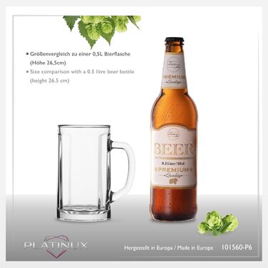 Набір пивних склянок PLATINUX Bierseidel 6 шт, 300 мл (макс. 350 мл), прозорі скляні кружки з ручкою для пива, 0.3л