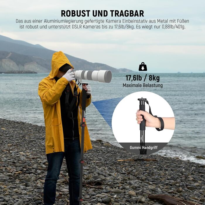 NEEWER Монопод 155см для камери, монопод для відеозйомки, монопод з алюмінію, 1/4' 3/8' адаптер, для DSLR/Camcorder, професійний аксесуар, вантажопідйомність 8кг, TP41 з мікрофіброю