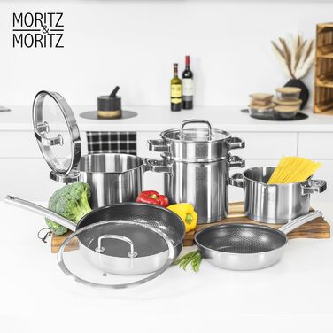 Сковорода Edelstahl з ефектом вафельної структури Moritz & Moritz 28 см з керамічним покриттям нового покоління - підходить для всіх типів плит - антипригарна сковорода з округлим краєм для приготування, смаження та тушкування. Діаметр 28 см (З кришкою, &