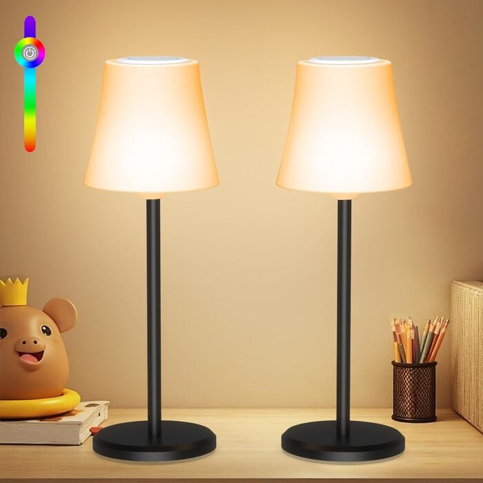 LED Настільна лампа акумуляторна бездротова 2 шт, сенсорна, 3 кольори світла + RGB, димування, USB-C, IP54, для спальні, вулиці, ресторану, бару