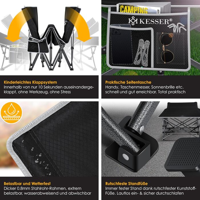 Кемпінгове ліжко KESSER® розкладне, металеве, чорне, 190 см з сумкою та ліхтарем