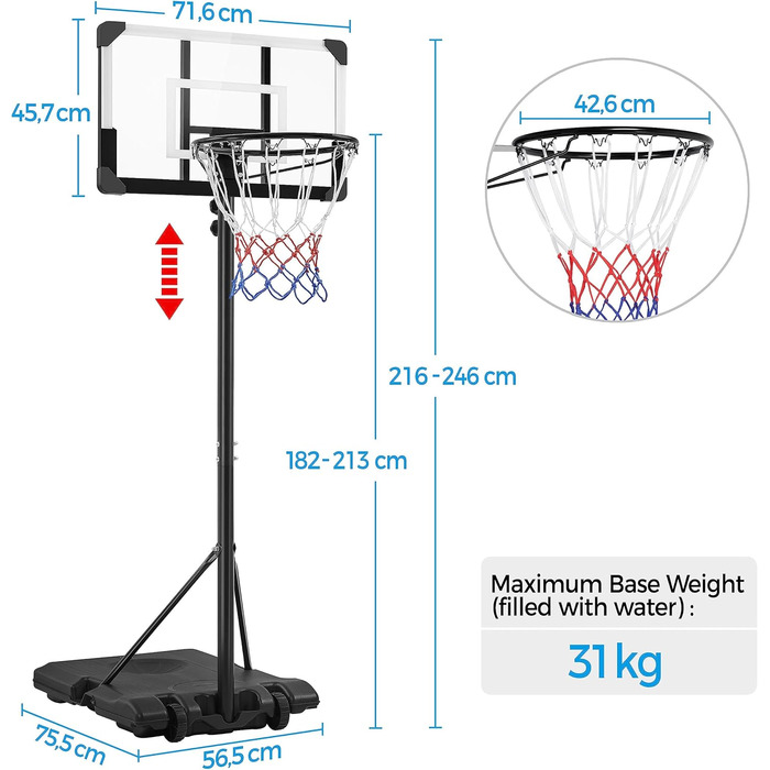 Yaheetech Adjustable Height Basketball Hoop Stand with Wheels - Indoor/Outdoor Basketball System, Water/Sand Fillable Base, 216-246cm