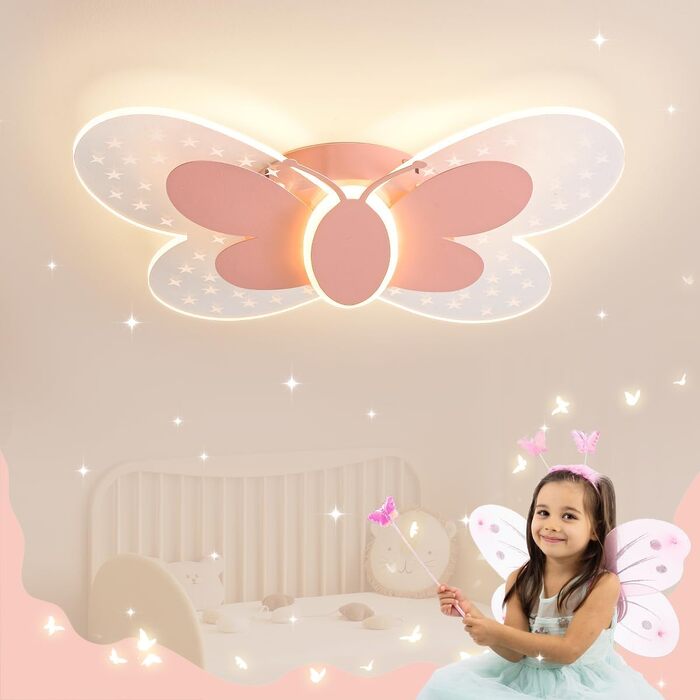 LED Ceiling Light Pink Butterfly Ceiling Lamp Dimmable with Remote Control, Night Light Function, Children's Room Bedroom Living Room Hallway Boys and Girls Bedroom Ceiling Lights 45cm