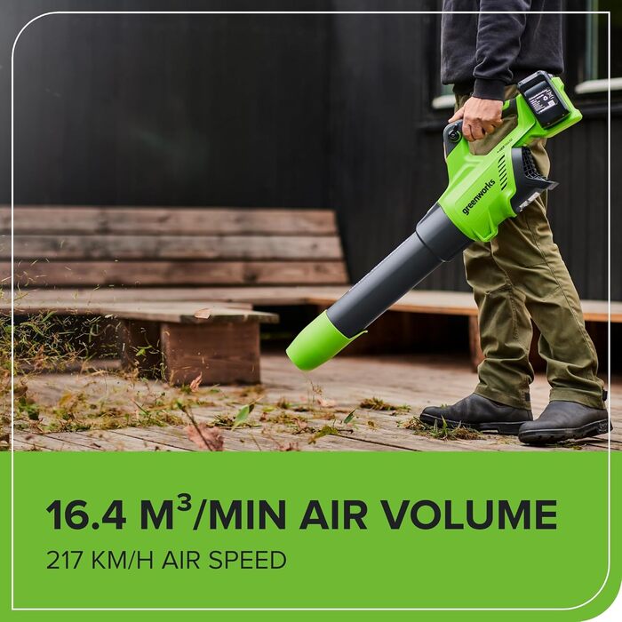 Акумуляторний повітродув Greenworks 48В (2x24В), безщітковий двигун, турборежим, 217 км/год, 16,4 м³/хв, без батарей і зарядного, 3 роки гарантії, GD24X2AB
