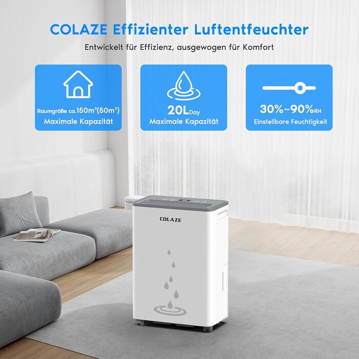 Електричний осушувач повітря COLAZE 20 л/24 год, для дому, підвалу, вітальні, 150 м³ (50 м²), тихий, для квартири
