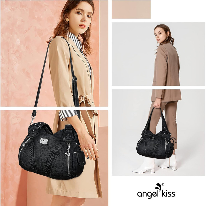 Сумка жіноча AngelKiss через плече, чорна, PU шкіра, водонепроникна, багатофункціональна з кишенями на блискавці