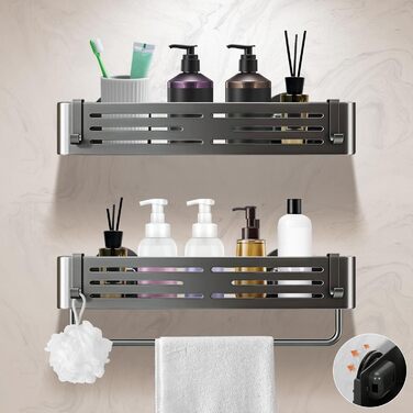 Поличка для душу Lekesky без свердління, кутова, з міцними присосками, алюміній, нержавіюча сталь, знімна, для ванної кімнати, кухні, орендованого житла (2 шт., сірий gunmetal з тримачем для рушників, прямокутна)