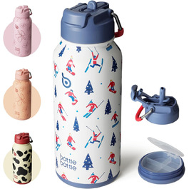 BOTTLE BOTTLE Stainless Steel Drinking Bottle 1L with Straw – Leak-Proof Insulated Bottle for Sports & Gym, with Pill Compartment, BPA-Free, Double-Walled (Skiing)