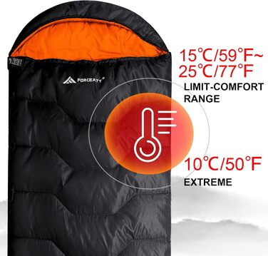 Спальний мішок Forceatt для дорослих, 3-4 сезони, -5°C, Flanell та 20°C Polyester, водонепроникний, теплий, для кемпінгу, відпочинку в приміщенні та на природі, холодний клімат. 10°Polyester Taft, темно-зелений (10°Polyester-Schwarz-Orange)