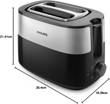 Philips Toaster – 2 Toast Slots, 8 Levels, Bun Tray, Defrost Function, Automatic Shut-off, Black/Silver (HD2516/90) Single