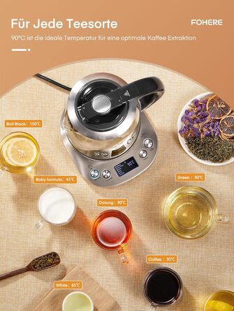 Kettle with Temperature Setting - FOHERE 2200W Glass Kettle - 6 Presets - 2 Hour Keep Warm Function - 1.7L Tea Maker - LCD Screen - Stainless Steel Base
