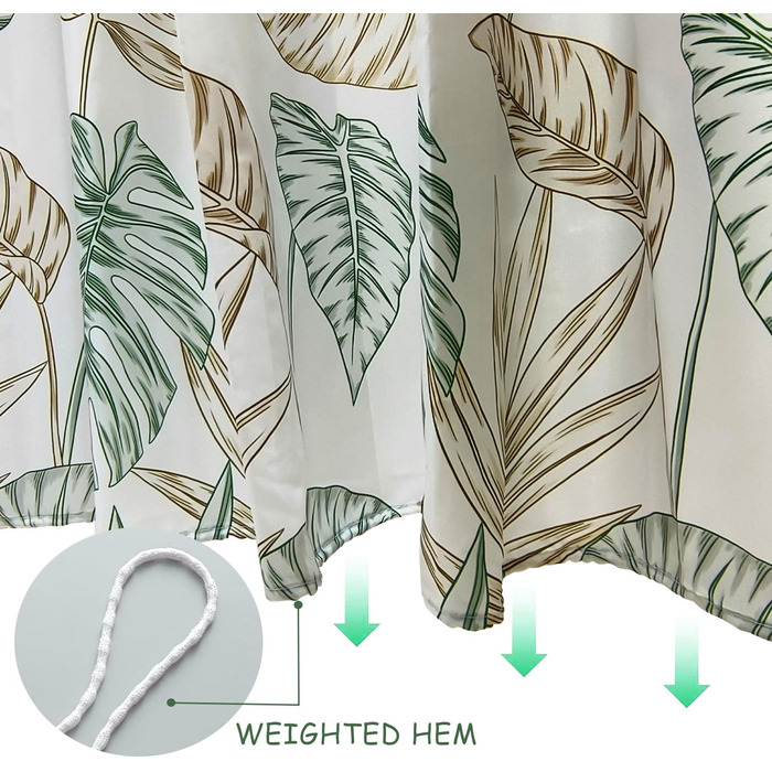 Штора для душу 180x200 см, текстильна, зелена. Матеріал: поліестер, антигрибкова, водонепроникна, з обтяженим краєм, з люверсами та 12 кільцями для душу. Підходить для ванни.