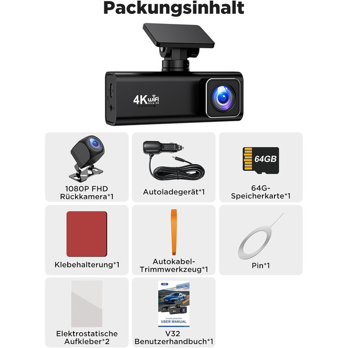 Відеореєстратор Topabol Dashcam Auto 4K + 1080P з Wi-Fi, двома камерами, нічним баченням, G-сенсором та підтримкою карт пам'яті до 256GB