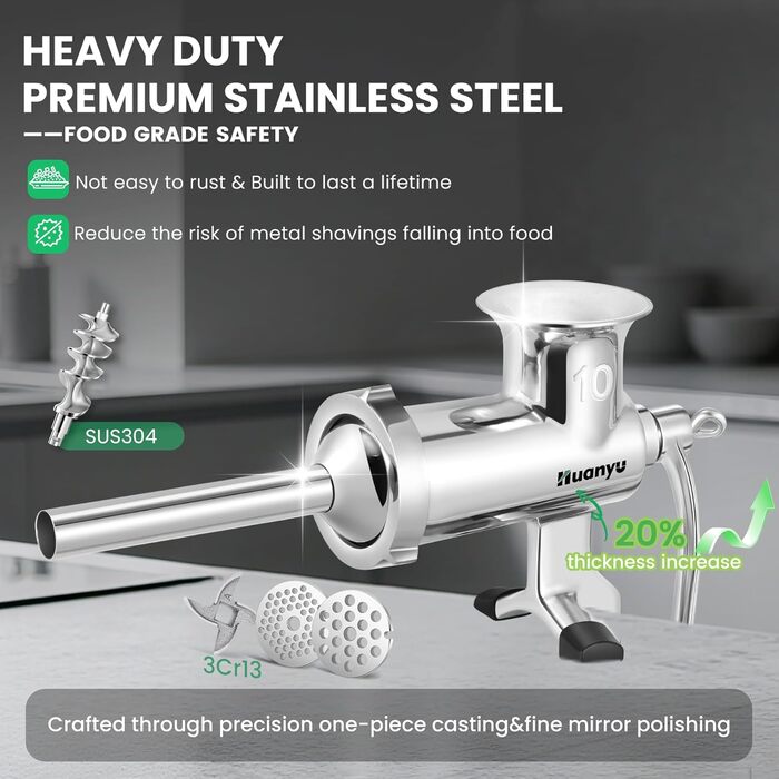 М'ясорубка ручна Huanyu з нержавіючої сталі та насадкою для ковбас, 10 розмір, посудомийна