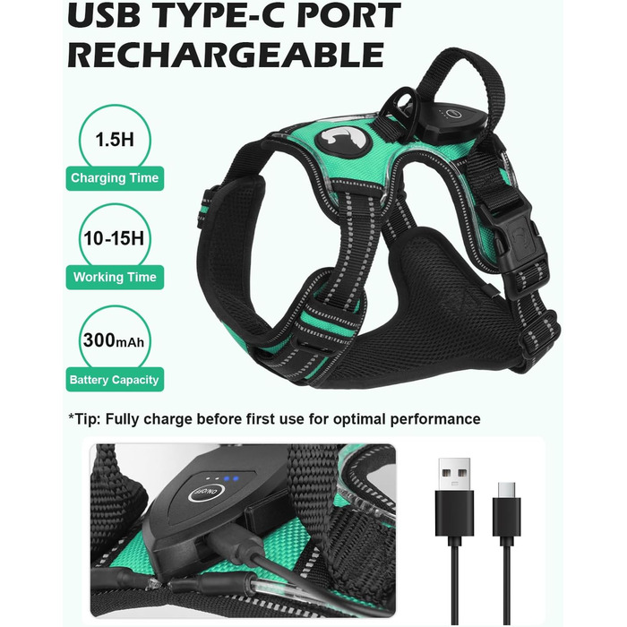 Світловідбиваючий нашийник для собак Joytale, зарядний, середнього розміру, без перетягування, з ручкою, світловідбиваючий, з м'якою підкладкою, регульований, для нічних прогулянок, чорно-синій, M (1 шт.)