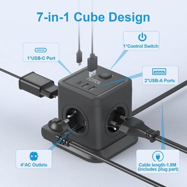 Багатофункціональний мережевий адаптер FDTEK 7-в-1 з USB-C та USB-A, 4 розетки, 2500W/10A, куб з вимикачем, кабель 1.8м, чорний