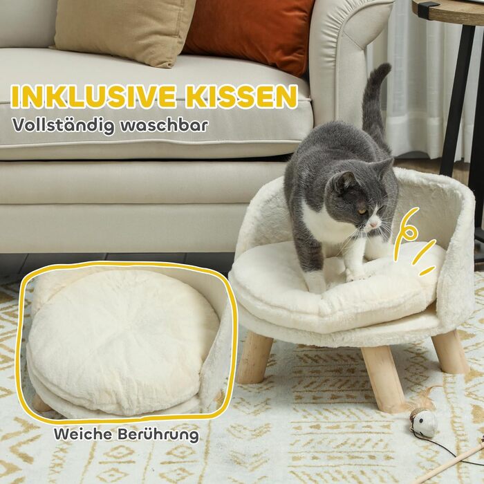 PawHut Софа для собак з подушкою, дерев'яні ніжки, миється, підняте ліжко для домашніх тварин, софа для котів та маленьких собак, 40,5 x 40,5 x 33 см (кремово-білий)