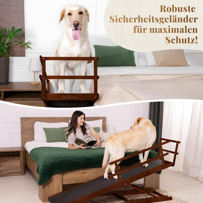 Східці для собак до ліжка з огорожею - для великих собак до 90 кг - регульована висота до 94.5 см - ширина 49.5 см - складаються - антиковзні ручки - з берези - колір натуральний (волоський горіх)
