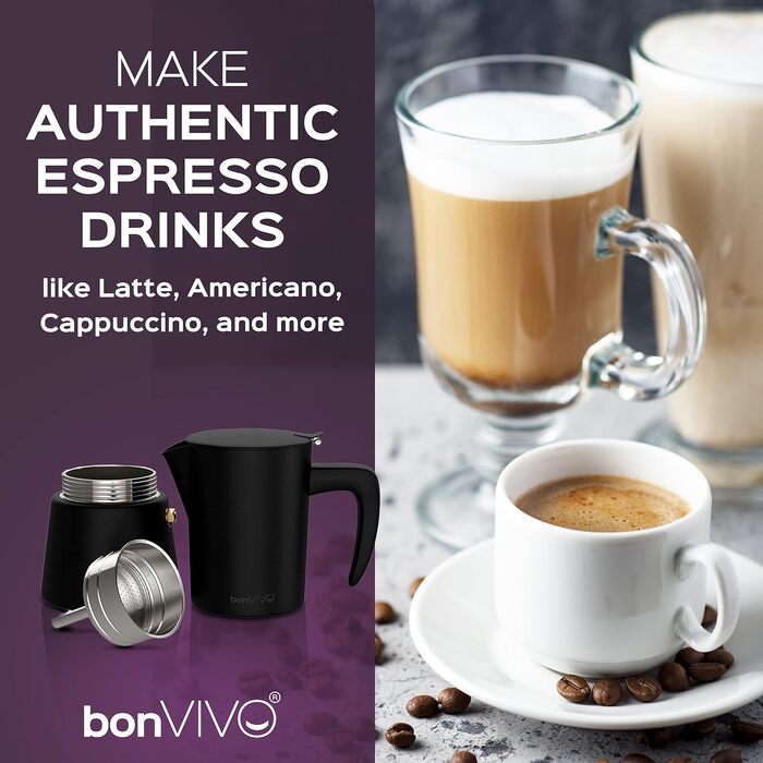 bonVIVO Espresso Maker Induction Compatible - Stainless Steel Coffee Maker in Black Finish w. Water Kettle & Filter - Moka Pot 6 Cups - 300 ml - Christmas Gifts for the Household Black 6 Cups - 300 ml