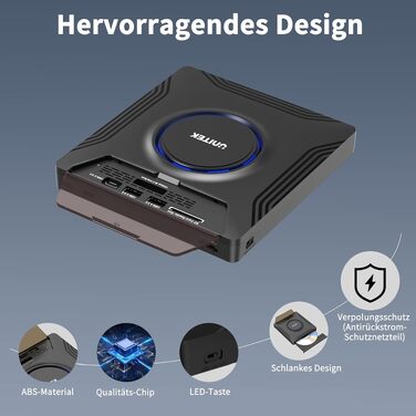 Зовнішній CD/DVD привід UNITEK USB-C, портативний DVD-плеєр з картридером SD, USB 3.0 Hub та CD-ROM записником для ноутбуків, ПК, Windows, Linux, macOS (чорний)
