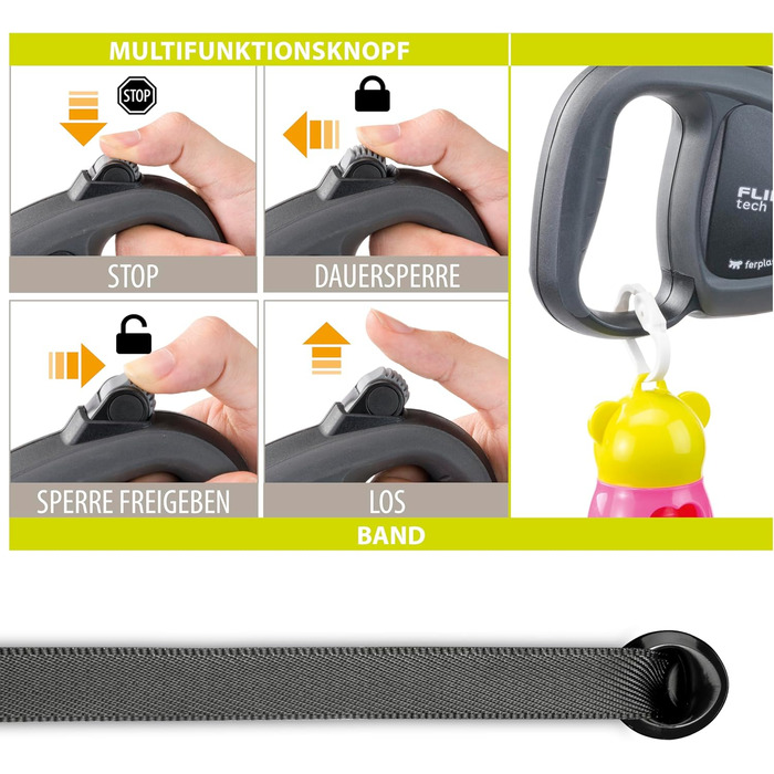 Лійка для собак Ferplast Flippy TECH, чорна, для собак середніх порід до 25 кг, витягувана стрічка 3 м