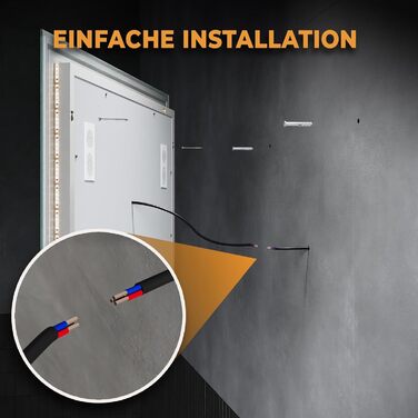 Дзеркало для ванної кімнати з підсвічуванням 60x50x3,5 см, LED, 6400K, холодний білий, енергозбереження, вертикальне/горизонтальне, з вимикачем, антизапар, 3 колірні температури