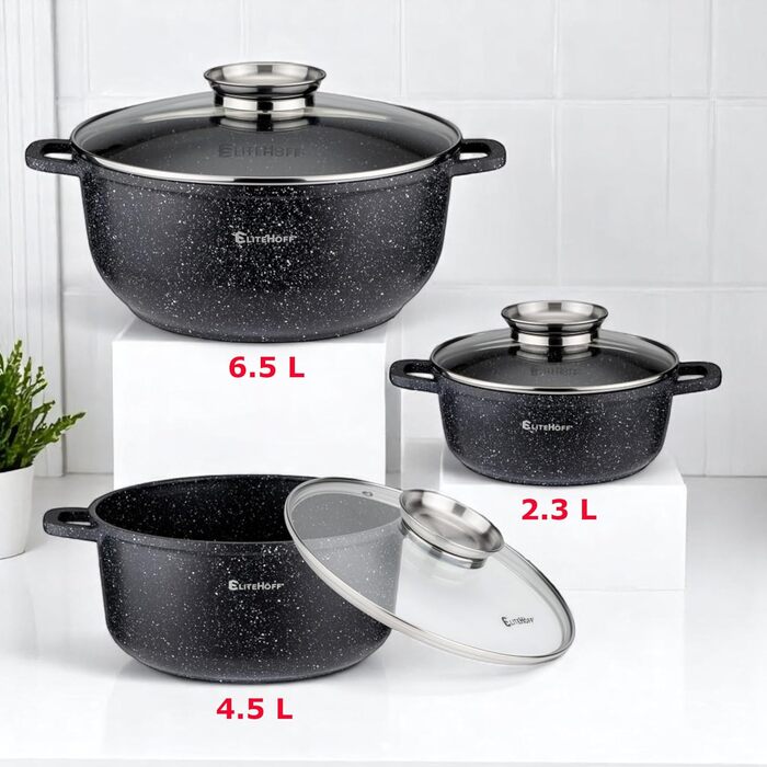 Набір каструль та сковорідок EliteHoff Induktion, 17 предметів, з антипригарним покриттям, для всіх типів плит, з кришками, з алюмінію, безпечний (PFOA-free), чорний (E-7030)