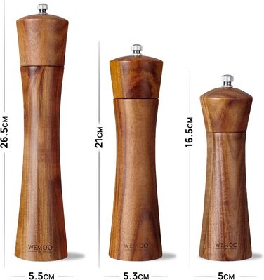 Wooden Salt and Pepper Grinder Set, Very Large (25.5 cm) | Spice Grinders with Durable Ceramic Grinder | Extra Filling Spoon and Cleaning Brush | Set with Pepper and Salt Mills