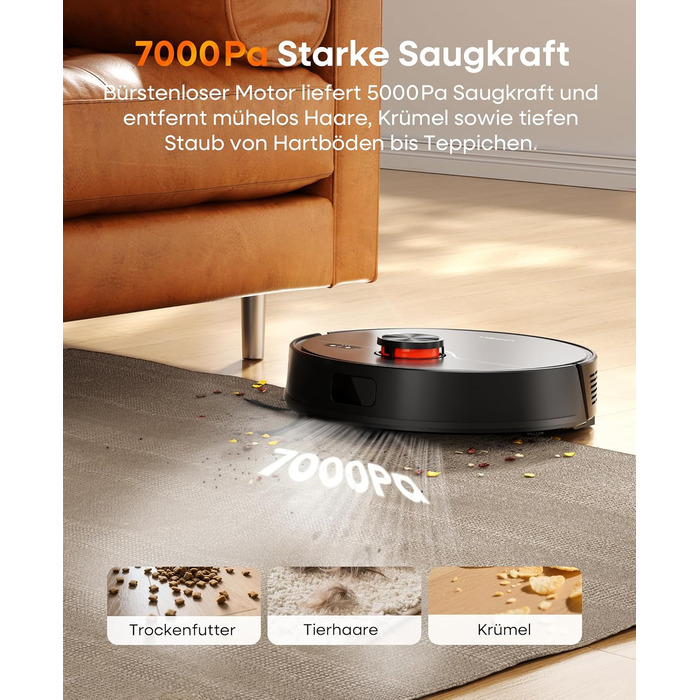 Робот-пилосос з функцією миття 7000Pa, з базою самостійної очистки 3.5L, час роботи 180 хв, LiDAR навігація, для прибирання шерсті тварин, килимів та твердих підлог, керування через додаток, чорний