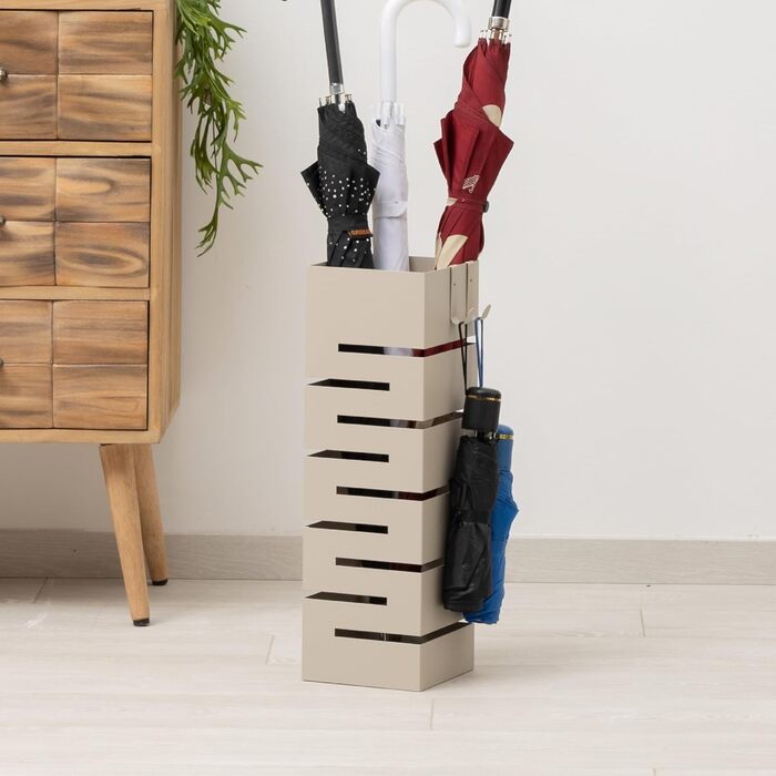 Сумка для парасольки Baroni Home з металу з геометричним різьбленням, з гачками та знімним піддоном для збору води - для дому та офісу, чорний, 15,5x15x49 см, пудровий