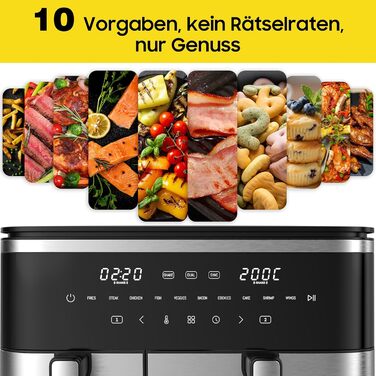 Фритюрниця повітряна подвійна 11л Airfryer, XXL фритюрниця з 2 кошиками, 7л/4л, для основного та гарніру одночасно, 2600W, 10 програм, сенсорний екран, нагадування про струшування