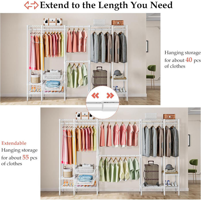 Важкий металевий вішак для одягу, розширюваний відкритий гардероб з 2 висувними кошиками, (249-297) x 40 x 192 см, білий