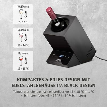 CASO WineCase One Black - Single Bottle Wine Cooler with Temperature Control (5-18°C), Stainless Steel Finish