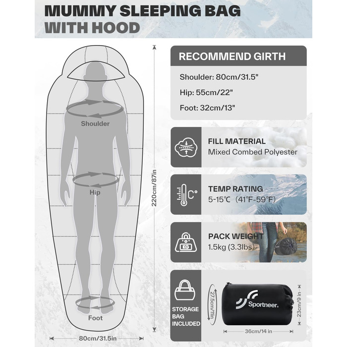 Сплячий мішок Sportneer - компактний та ультралегкий (950г/1500г) - кокон для кемпінгу та подорожей. 3-4 сезонний спальний мішок для чоловіків, жінок та дорослих. Чорний колір.