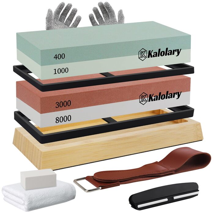 Набір брусків для заточування ножів Kalolary (11 шт), двосторонній 400/1000, 3000/8000, з кутовим направлячем та шкіряним ременем