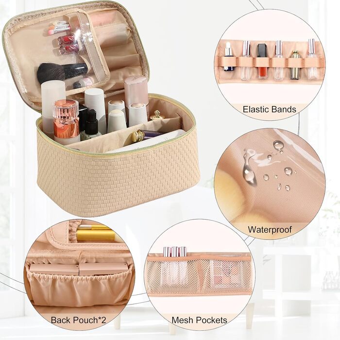 Жіноча косметичка для подорожей, водонепроникна, з відділенням для пензликів, з PU шкіри, велика, оливковий зелений (M Beige)